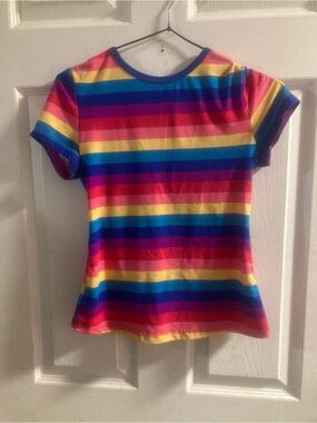SHEIN Short Sleeve Rainbow Stripe Tee in Pink, Yellow, Blue, Purple